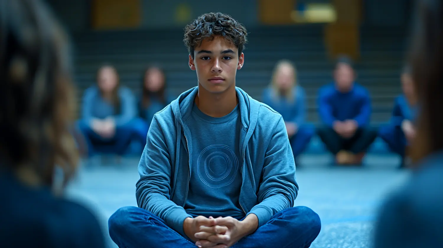 The Angel Loop - Junger Mann sitzt in Meditation mit anderen in einem ruhigen Innenraum während einer Gruppensitzung, die sich auf Achtsamkeit und Selbstreflexion konzentriert